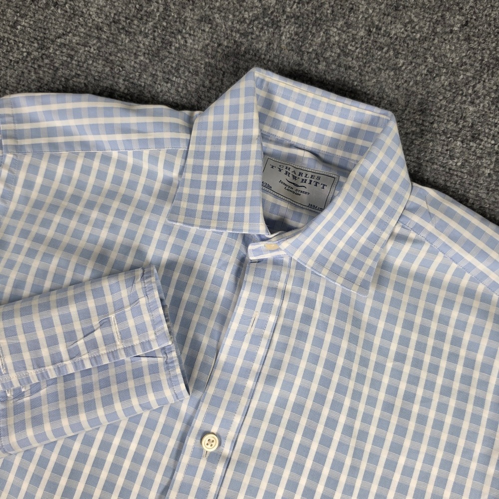 Charles Tyrwhitt Dress Shirt Mens 15/33 Blue Gingham French Cuff 100% Cotton